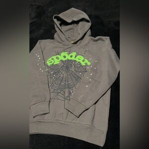 Grey and Green Sp5der Hoodie Size Small🕸️